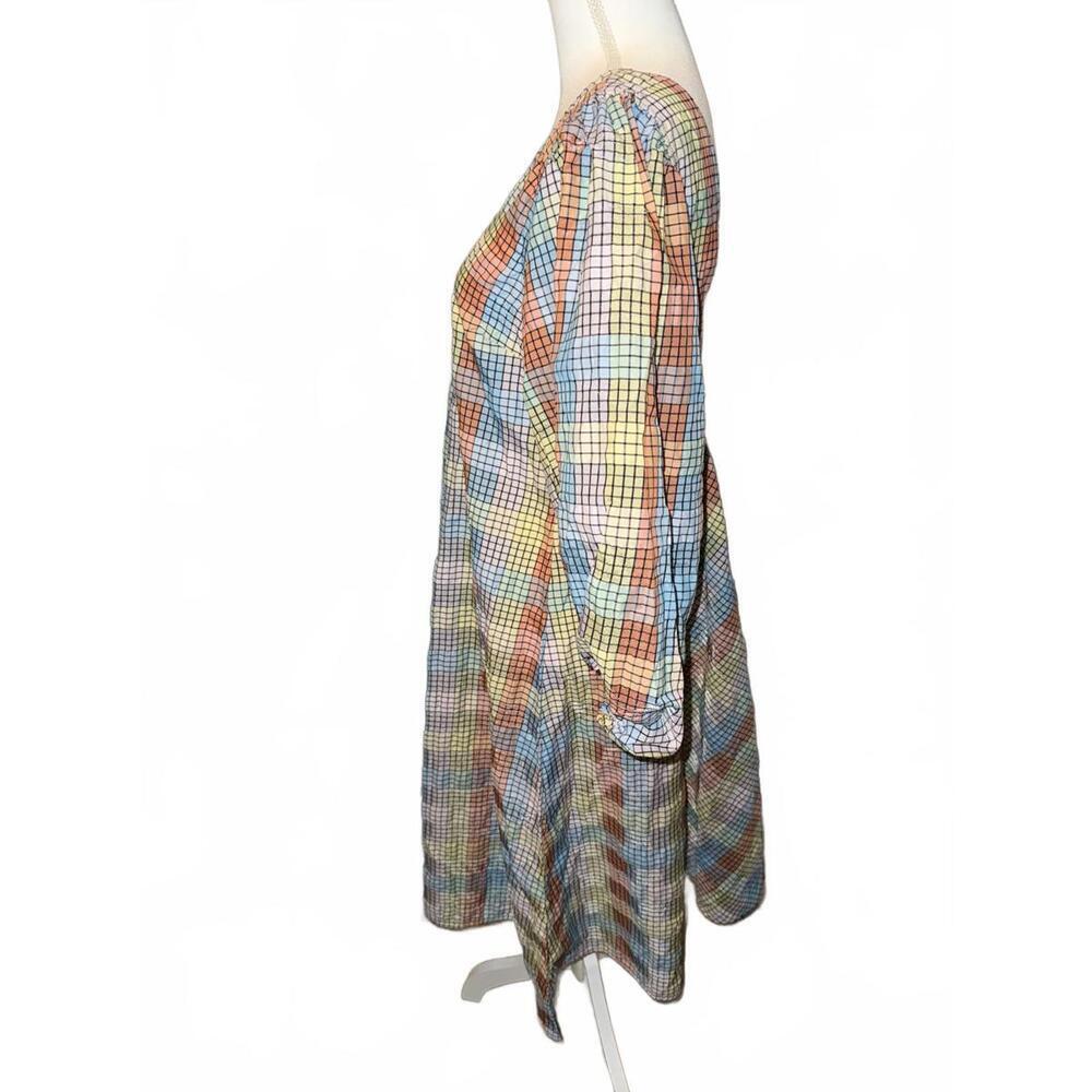 New Ganni Checkered Seersucker Puff-Sleeve Dress - Picture 2 of 5